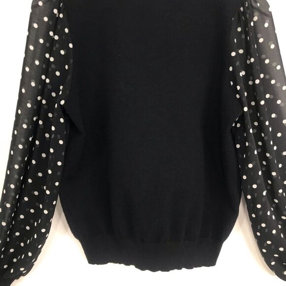 Nanette Lepore Black Knit Polka Dot Semi Sheer Sleeve Ruffle Mockneck Top - Picture 12 of 16